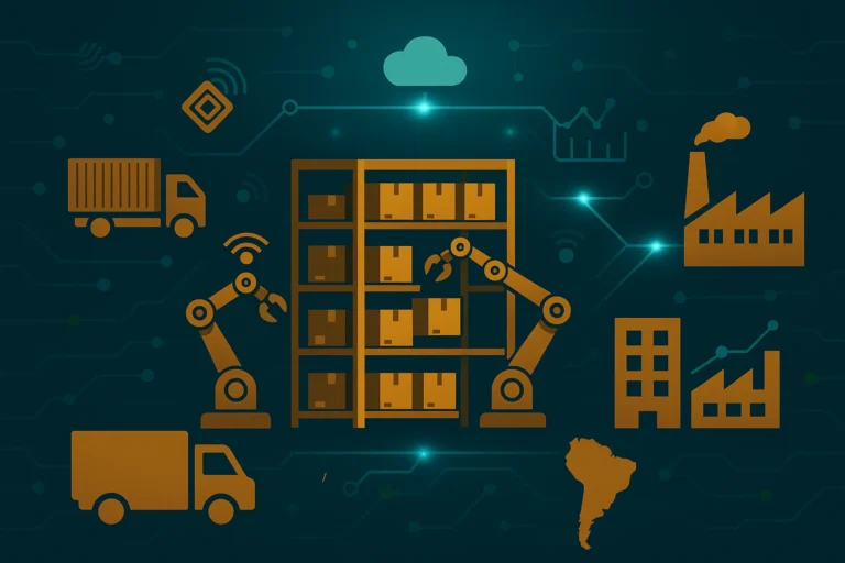 Depósito inteligente automatizado con robots, camiones y fábricas conectadas por circuitos digitales, representando la logística 4.0.