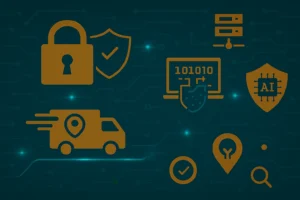 Ilustración digital sobre ciberseguridad en la logística digital con elementos visuales como candados, datos encriptados, rutas protegidas, servidores y sensores conectados.