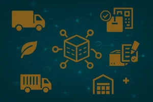 Ilustración digital estilizada que representa la trazabilidad en la cadena de suministro mediante blockchain, con íconos de cadena de bloques, escaneo de productos, contratos inteligentes y nodos conectados sobre fondo azul oscuro con circuitos.