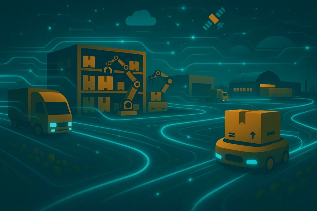 Centro logístico futurista con camiones autónomos y robots de almacén interconectados por flujos de datos brillantes en un entorno digital.