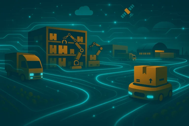 Centro logístico futurista con camiones autónomos y robots de almacén interconectados por flujos de datos brillantes en un entorno digital.