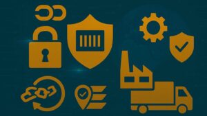 Ilustración con íconos dorados de seguridad, trazabilidad, fábrica y camión, sobre fondo tecnológico. Imagen usada para la nota “Gemelos digitales: el simulador que revoluciona la logística”.