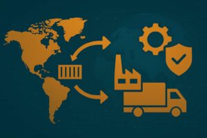 Ilustración conceptual sobre nearshoring y resiliencia en la cadena de suministro con mapa del mundo, fábrica, camión y rutas logísticas.